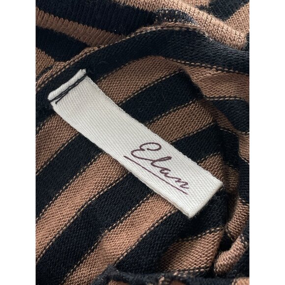 Elan Top Size Large Striped Long Sleeve Cinched Front Black Tan Stretch Knitted - Picture 4 of 7